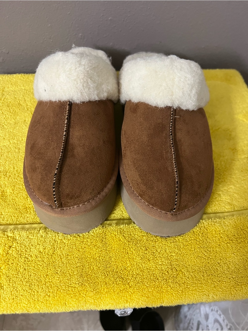 Ladies Brown Suede Shearling-Lined Slip-On Shoes